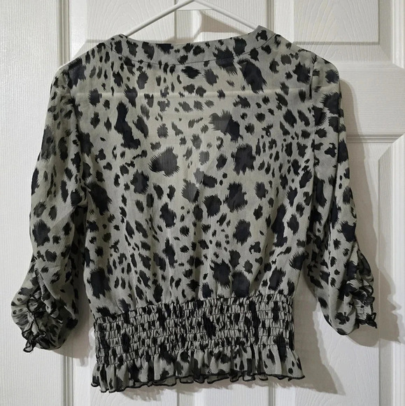Isabella Rodriguez Sheer Smocked Cheetah Print Tie Front Cropped Blouse, EUC! - Picture 2 of 11